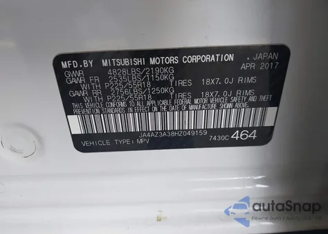2017 Mitsubishi Outlander Sel from USA, damaged, VIN JA4AZ3A38HZ049159